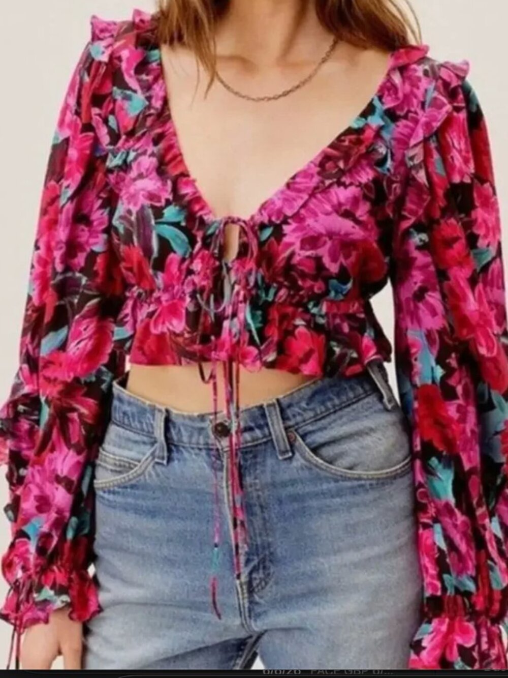 For Love & Lemons Scarlett Ruffle Crop Top Pink Floral Blouse XS Flirty